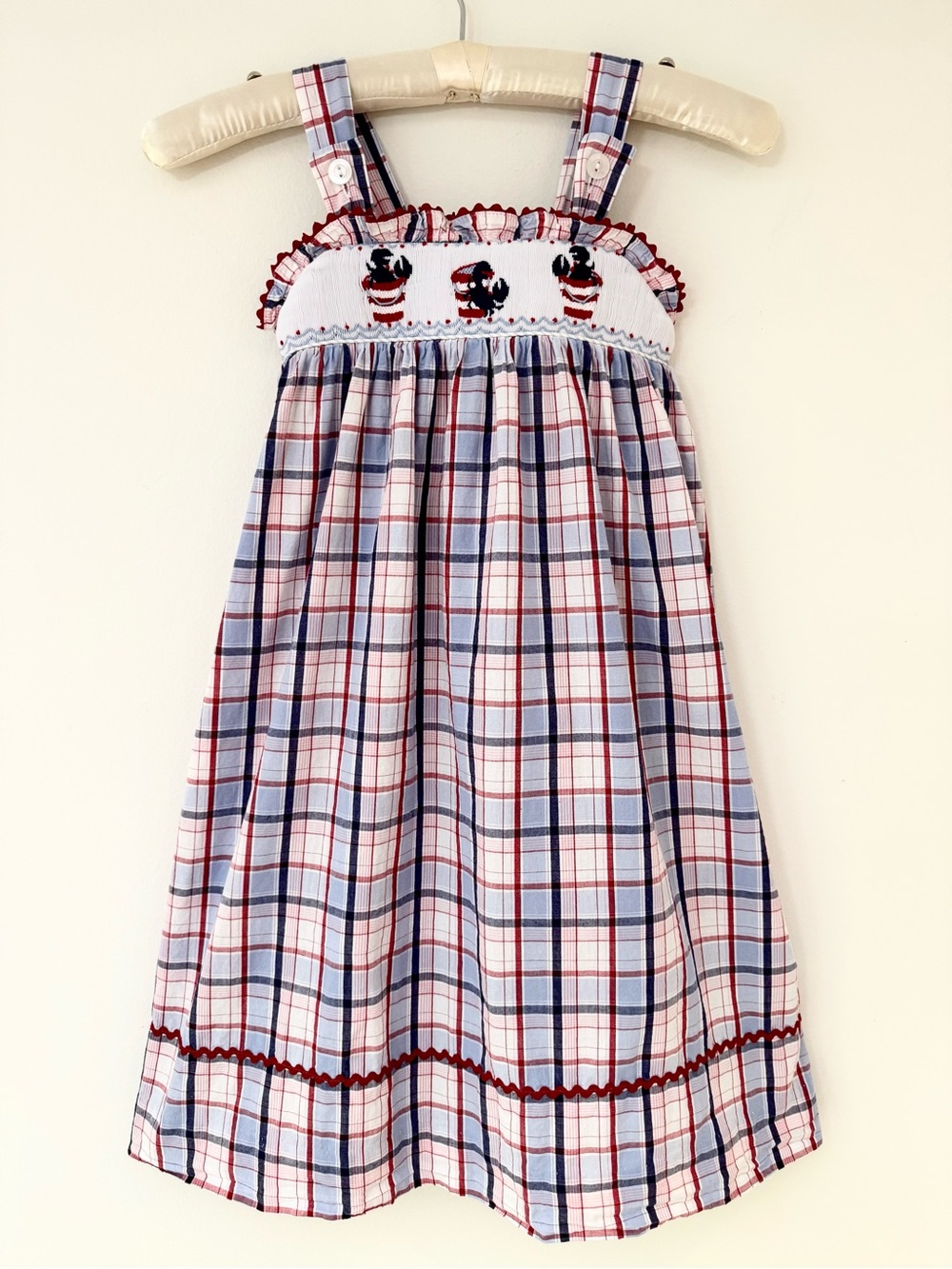 Shrimp & Grits Kids Smocked Patriotic Nautical Lobster Crab Plaid Dress - Size 6